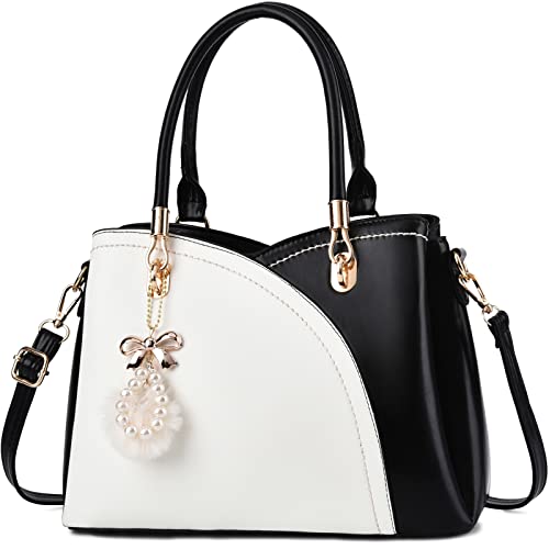 I IHAYNER Womens Leather Handbags Purses for Girls Top-handle Large Totes Satchel Shoulder Bag for Ladies with Pompom Black