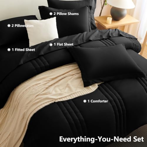 Image of CozyLux Super King Plus Comforter Set Black - 7 Pieces Bed in a Bag, Modern Vertical Quilted Room Decor, Soft All-Season Bedding Gift with Comforter, Sheets, Pillowcases & Shams