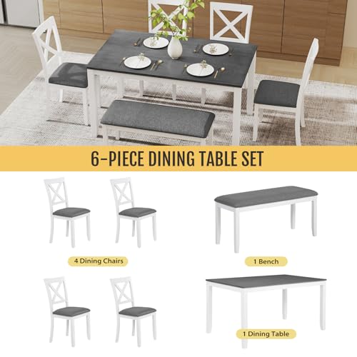 Zevemomo 6-Piece Solid Wood Dining Table Set, Including 1 Dining Table, 4 Upholstered Chairs and 1 Bench, Wooden Legs Dining Table Set for Dining Room, Kitchen, Restaurant, White - Thumbnail 4