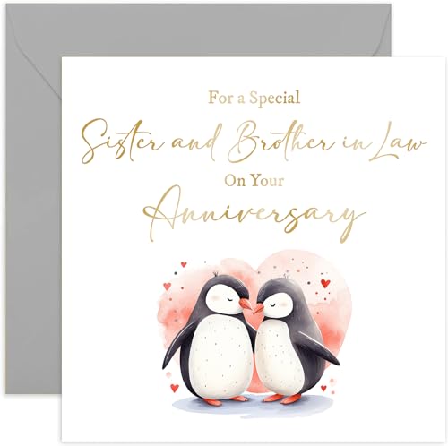 Old English Co. Wedding Anniversary Card for Sister and Brother in Law - Love Penguins...