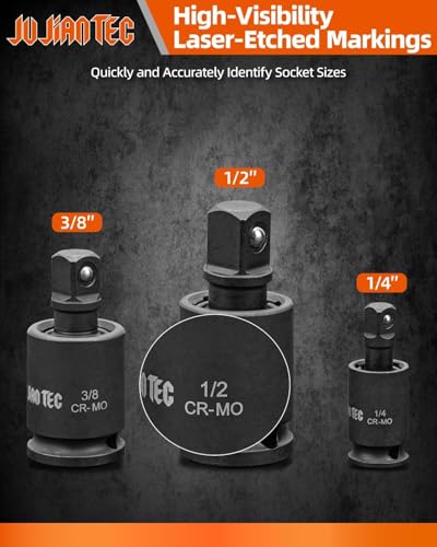 Image of Impact Universal Joint-Socket Swivel Set, 3 Piece | 1 /4 inch, 3 /8 inch, 1 /2 inch Drive Socket Extension Set, Cr-Mo Steel Universal Joint Adapter