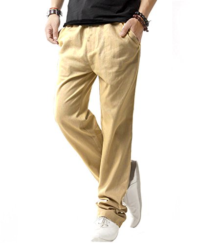 SIR7 Men's Linen Casual Lightweight Drawstrintg Elastic Waist Summer Beach Pants Khaki L