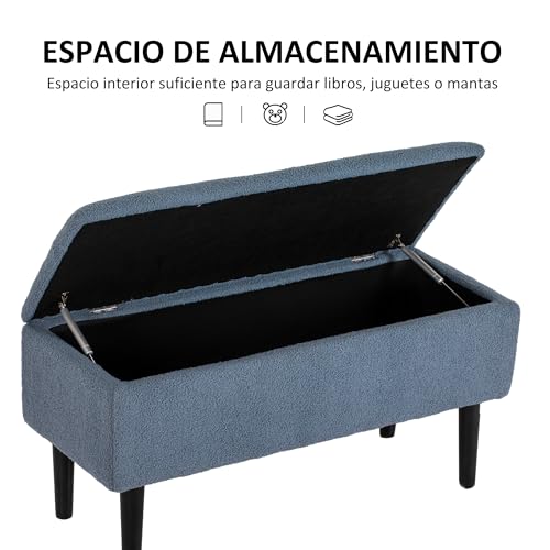 HOMCOM Puff Almacenaje, Banco Almacenaje Plegable, Capacidad de 57 L, 95x38x45 cm, Tapizado en Borreguito, Pie de Cama con Tapa Abatible y Patas de Madera, para Salón, Dormitorio, Entrada, Azul - imagen 4