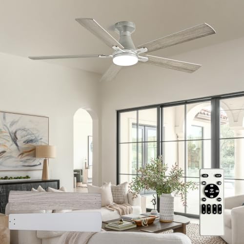 Image of Depuley Modern Ceiling Fan with Light: 52-Inch Nickel Flush Mount Fandelier | Bedroom Indoor Outdoor Use, 5 Reversible Wood Blades, 6 Fan Speeds, Timing Function, Dimmable 3CCT, Remote Control Included
