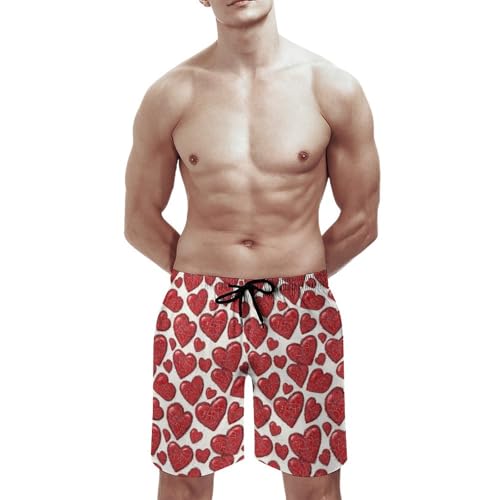 Hawaiian Shorts for Men - Comfy Red Love Heart Print Mens Swim Trunks Bathing Suits with Mesh Lining3