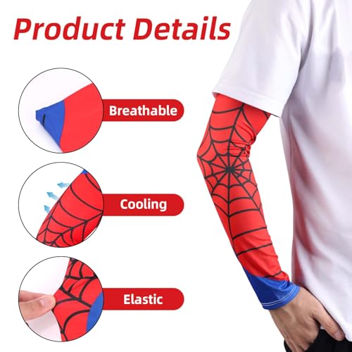 SAVITA 2 Paar Armstulpen für Kinder, Atmungsaktiv und Elastisch Armstulpen im Spinnennetz-Design Roter und Blauer Baseball-Armschutz für Jugendliche