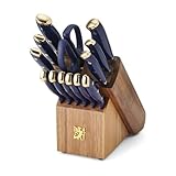 Sabatier 14-Piece Forged Triple Rivet Knife Set with Acacia Block, Navy with Gold, High-Carbon Stainless Steel Blades for Precision Cutting