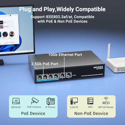 Image of 6 Port 2.5Gb PoE Switch Unmanaged with 4 Port 2.5G Base-T PoE+@65W + 2 x 10G RJ45 Uplink, NICGIGA 6 Port 2.5Gbe IEEE802.3af /at Power Over Ethernet Switch, Support WiFi6 AP, NAS, 4K PoE Camera NVR.