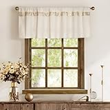 2 Pack Cotton Linen Kitchen Valance Curtains with Shimmering Gold Embroidered Strip Modern Elegant 16 inches Neutral Farmhouse Short Valance for Window Treatment