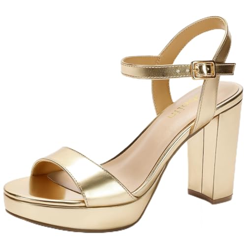 Image of Wide Width Heels for Women Block Chunky Platform High Heels Sandals Open Toe Wedding Party Ankle Strap Dress Shoes
