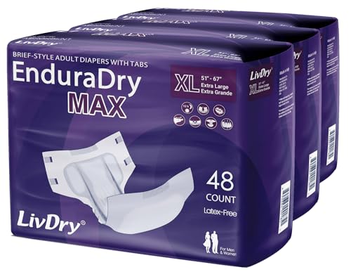 LivDry EnduraDry Max XL Adult Diapers with Tabs, Up to 12-Hours, Super Absorbent Incontinence Underwear, Leak Protection Briefs, Extra Large, 48-Pack