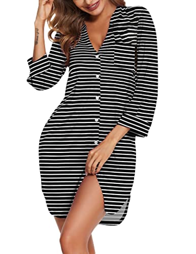 Ekouaer Striped Sleep Shirts For Women Sleepwear Short Nightgowns Knit Sleepshirts Button Nightdress #TOP23