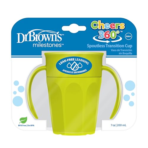 Image of Dr. Brown's Milestones Cheers 360 Spoutless Transition Cup with Handles, Travel Friendly and Leak Free Sippy for Babies and Toddlers, Green, BPA-Free, 7 oz/200 mL, 6m+