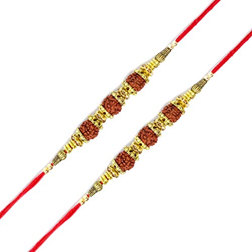 Image of co Set of 2 Three moti of Rudraksha moti Golden Desing Rakhi for Brother for boy Men with Free rolli chawal Multi Color Size 7 inch
