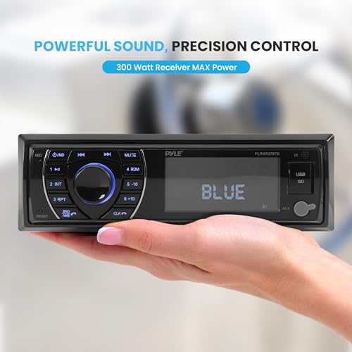 Image of Pyle Bluetooth Marine Receiver Stereo - 12v Single DIN Style Boat In dash Radio Receiver System with Digital LCD, RCA, MP3, USB, SD, AM FM Radio - Remote Control, Wiring Harness - PLRMR27BTB (Black)