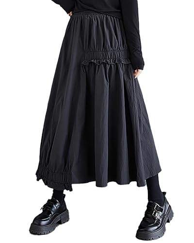 ellazhu Women's Skirt Elastic Waist Solid Two Side Pockets Flowy Ruffle Hem Baggy Loose GZ323