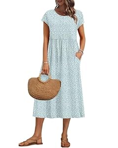 AUSELILY Damen Sommer Kleider Kurzarm Midikleider Lockeres Langes Sommerkleider A-Linie Luftiges Shirtkleider mit Taschen