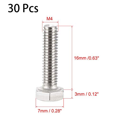 Image of 30 Pcs M4 Hex Bolt M4-0.7 x 16mm UNC Hex Head Screw Bolts A2-70(304) Stainless Steel Fully Threaded Hex Tap Bolts,Plain Finish,Fully Threaded (M4 x 16mm)