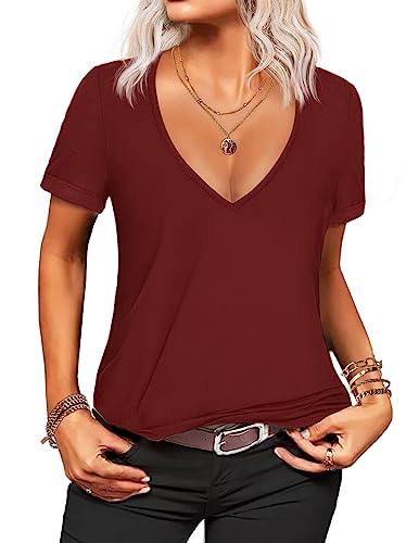 Beyove Women's Deep V T-Shirt Summer Short Sleeve Loose Casual Top(S-XXL) (Dark Red, Small)