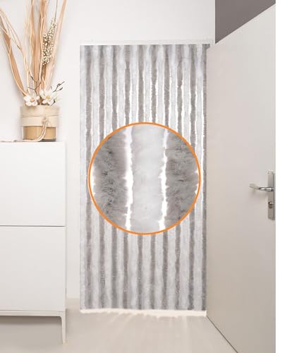 DEFACTO Flauschvorhang Türvorhang (90x200 cm) Chenille Fliegenschutz Insektenschutz Camping 100% Made In Italy - Vielseitig, Leicht Zu Reinigen, Effektiver Sicht- Und Hitzeblocker - Grau+Weiß DOPPEL