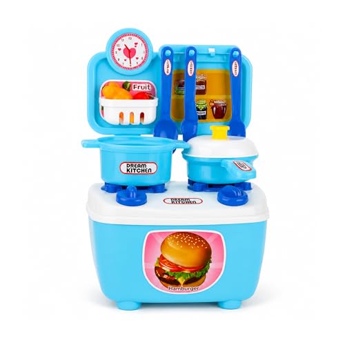 Image of WISHKEY Kitchen Cooking Pretend Play Set for Little Chef's with Accessories, Cookware, Utensils & Cute Multi-Purpose Portable Suitcase for Kids 3 Years & Above (Blue)