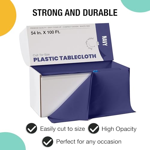 Image of Exquisite Party Solids 54 Inch X 100 Feet Navy Plastic Table Cover Roll in A Cut - to - Size Box with Convenient Slide Cutter. Cuts Up to 12 Rectangle 8 Feet Plastic Disposable Tablecloths