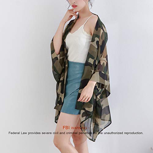 Women's Loose Print Sheer Chiffon Kimono Beach Swim Cover up Cardigan Capes Blouse Tops Camouflage - Thumbnail 3