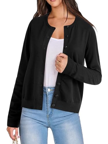 Image of LYANER Women's Striped Cardigan Crew Neck Button Down Open Front Long Sleeve Knit Cardigans Sweater