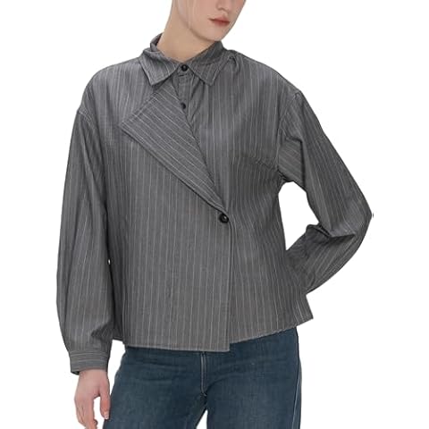SDEER Women's Stripe Shirt Blouses Lapel Casual Long Sleeve Drop Shoulder Irregular Splicing Button Down Shirt Tops(Grey,M) Cover