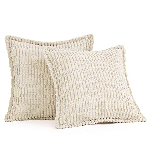 Miulee Cream White Corduroy Decorative Throw Pillow Covers Pack Of 2 Soft Striped Pillows Pillowcases With Broad Edge Modern Boho Home Decor For Couch Sofa Bed 20X20 Inch #TOP5