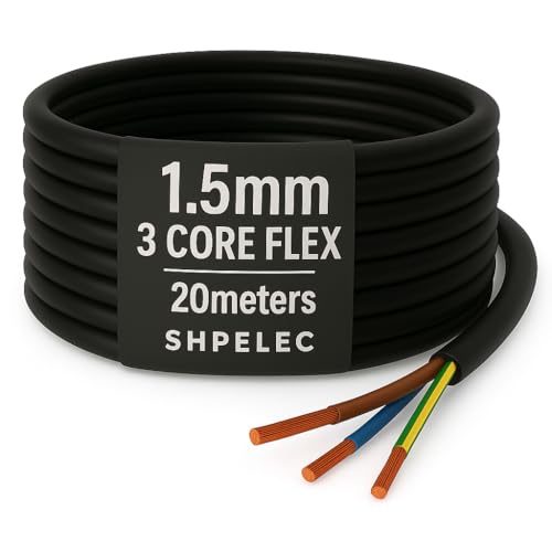 SHPELEC® FLEXIBLE Black Cable 3183Y 0.75mm, 1.0mm, 1.5mm, 2.5mm BASEC Approved Black PVC LED Lighting 5m 10m 15m 20m 50m (1.5mm 3 Core - 20metres)