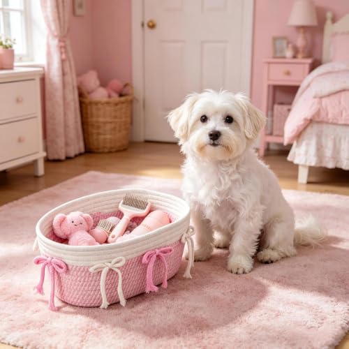 yuboo 3-Pack Pink Woven Cotton Rope Baskets with Bows | Coquette Aesthetic Storage Bins, For Nursery, Bathroom & Dorm, Decorative Gift Basket, 10.5 x 6.5 x 5.5 Inches — view 5