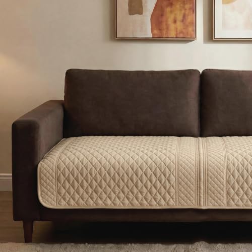 Image of Urban Space Velvet Embroidery Quilted Sofa Cover mat, Premium 1 Seater Non-Slip Sofa slipcover, Easy Care & Machine Washable, Seat Runner for Couch for Living Space (1 Seater - Honeycomb Beige)