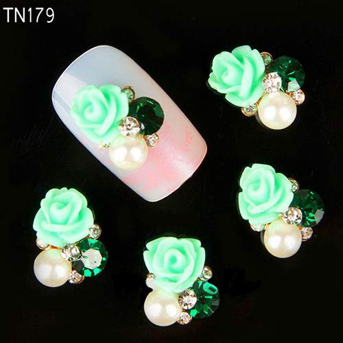 10 Pcs 3D Rose Flower Nail Art Stickers Tips Studs Rhinestone Nail Decor Jewelry - TN179-Green lyhhai
