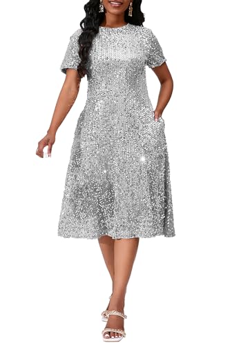Image of Sequins Glitter Short Sleeve Women's Maxi A-line Dress - Sparkly Party Elegant
