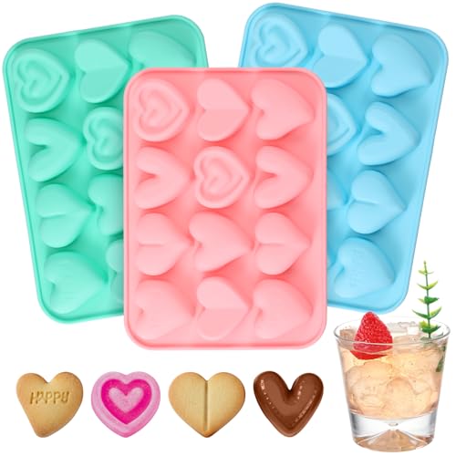 Qinyoung 3 Pcs Heart Shaped Silicone Molds Nonstick Heart Chocolate Muffin Molds for Ice Cube, Candy, Brownies, Jelly, Tartlets, Soaps, Pudding, Dessert Baking Making(Large,12 Holes,Pink,Blue,Green)