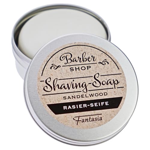 Fantasia Jabón de afeitar para hombre y mujer de madera de sándalo, 100 g, crema de afeitar de alta calidad, vegano, para pieles sensibles, para hombre y mujer, set con lata de metal, crema de afeitar