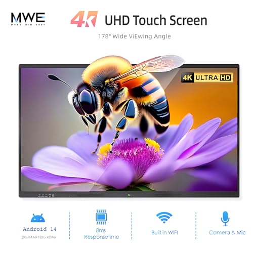 Image of 75 inch Smart Board for Business, Interactive Whiteboard with Multi-Touch, 4K Electronic Board with Screen Sharing, Bluetooth /WiFi /HDMI, Camera & Mic, Android 14, 8+128G (Wall Mount Included)