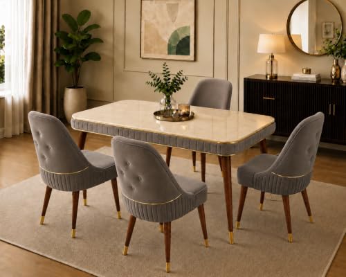 Image of WOODEN SPACE Majestic 4 Seater Wooden Dining Table Set | Urban Marble Top Dining Table with Chairs for Dining Room & Kitchen (Brown Grand Aura) (54 x 36 x 30 inch)