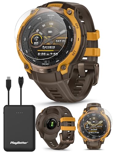 Image of PlayBetter Garmin Instinct Crossover AMOLED (Bronze /Sunburst Cocoa) Outdoor GPS Smartwatch Bundle - Analog Display, Built-in Flashlight, 14 Days Battery Portable Charger & HD Screen Protectors