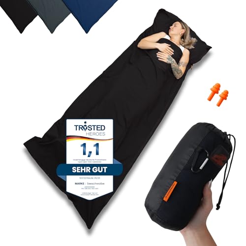 SEESCHWALBE Hüttenschlafsack Baumwolle - Hüttenschlafsack Ultraleicht - Schlafsack Kleines Packmaß Inlett mit Kissenfach - Kompakt & Klein (Schwarz)