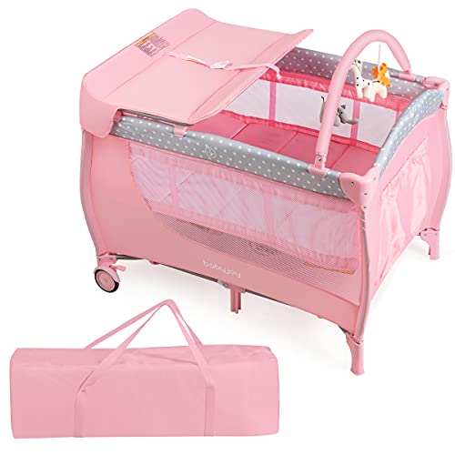 COSTWAY 3 in 1 Foldable Travel Cot, Portable Baby Bed Playard with Bassinet, Changing Table, 3 Hanging Toys, Lockable Wheels & Carry Bag, Infants Nursery Center Crib Bed for Newborn Toddlers (Pink)