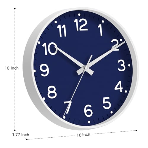 Image of Roymnie Wall Clock, 10 Inch Silent Wall Clocks Battery Operated-Modern Non Ticking Analog Clock Decorative for Kitchen Bedroom Office Bathroom(Navy Blue)
