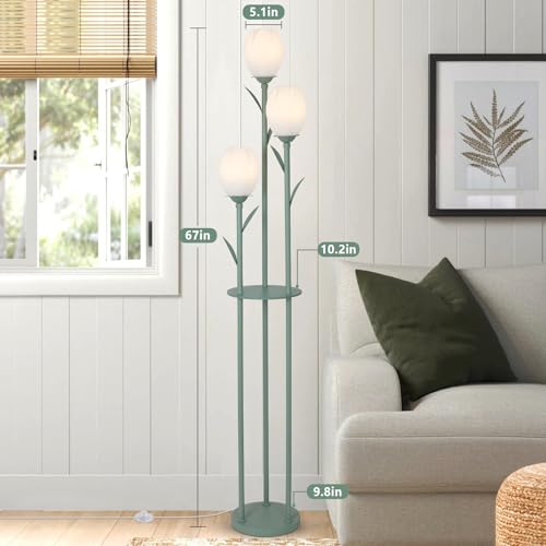 Image of 3-Light Flower Floor Lamps for Living Room, Green Floor Lamp with Shelves, Unique Tulip Standing Lamp with 3 LED Blubs, Cute Floral Tall Lamp, Modern Stand Up Light Decor for Bedroom, Kids Room