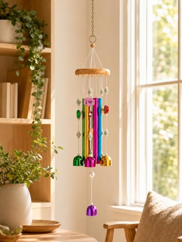 Image of Decorative Wind Chime for Home | Wooden House with Bells Colourful Beads | Positive Energy Balcony Living Room Hall Garden Home Decor (Multicolor)