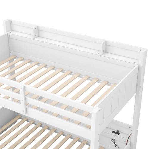 Twin Over Full Bunk Bed with Storage Shelves, LED, Charging Station and a Drawer, Solid Wood Bunk Bed for Kids, Teens, Adults (White/LED) - Thumbnail 6