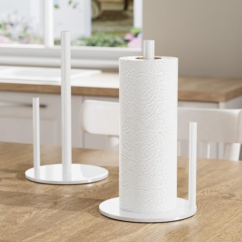 Image of Paper Towel Holder White Kitchen Roll Holder, Paper Towel Holder for Kitchen Roll Organize, Countertop Roll Dispenser with Weighted Base