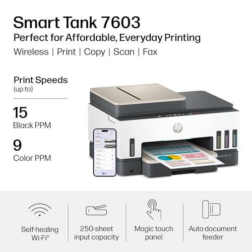Image of HP Smart Tank 7603 Wireless All-in-One Ink Tank Printer, Scanner, Fax, Copier with up to 3 Years of Ink Included, Best-for-Home Office, Cartridge-Free Refillable, AI-Capable (9B5D1A)