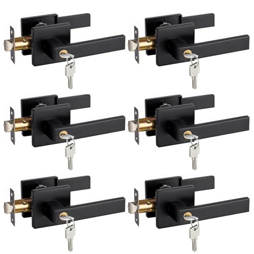 Fispot 6 Pack Matte Black Door Handles with Lock Interior Square Privacy Door Levers with Key,Keyed Entry Door Knob Door Handle Interior (Privacy(with Lock and Key), 6) by Fispot - Used condition - CA$48.37
