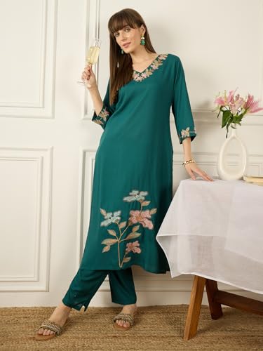Image of INDO ERA Women's Silk Blend Floral Embroidered Straight Kurta & Pant Set (IESTR12217)
